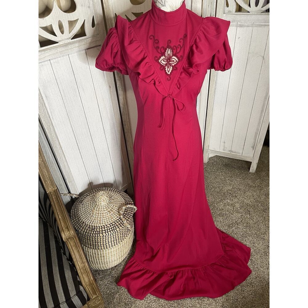 Vintage 1970’s Edwardian Victorian Red Pink Ruffle Praise Dress Size Medium